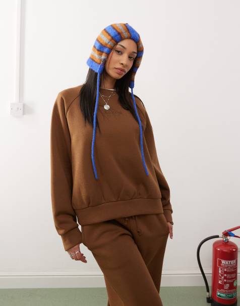Reclaimed Vintage balloon sleeve raglan sweat co-ord in tobacco brown - view 1