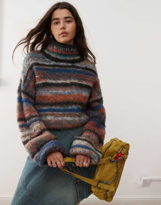 Reclaimed Vintage balloon sleeve turtleneck sweater in chunky mixed twist stripe