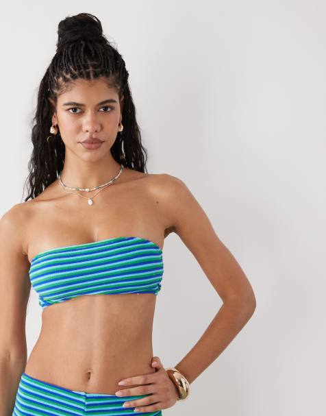 Reclaimed Vintage bandeau bikini top in turquoise stripe towelling - view 1