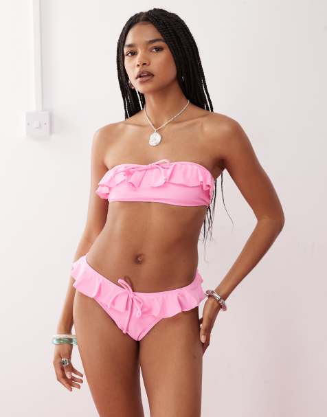 Reclaimed Vintage - Bandeau-bikinitop met ruches en gestrikte voorkant in roze - view 1