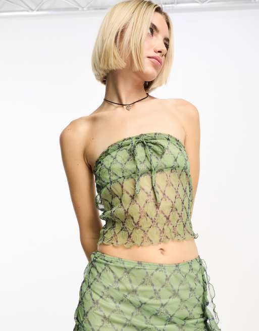 Reclaimed Vintage bandeau top and ruffle midi skirt set in green check ASOS