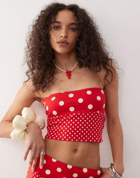 Reclaimed Vintage - Bandeau-top met gemengde stippenprint in rood, deel van co-ord set - view 1