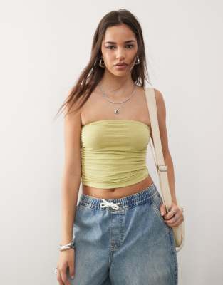 Reclaimed Vintage bandeau top with gathered sides in lime green  - view 1
