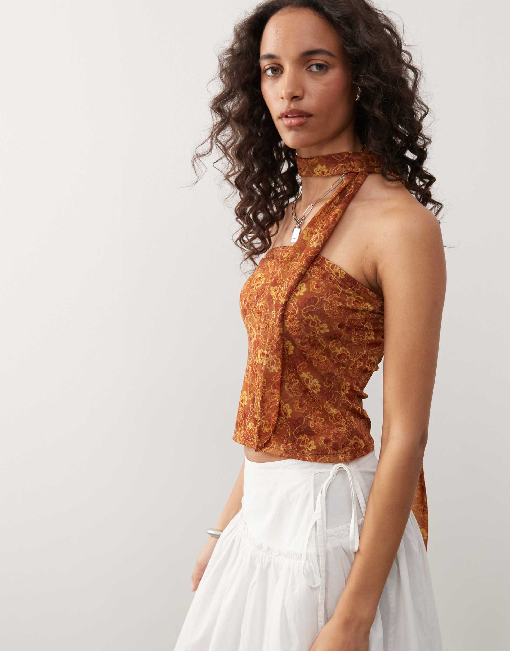 reclaimed vintage bandeau top with scarf in tropical floral print