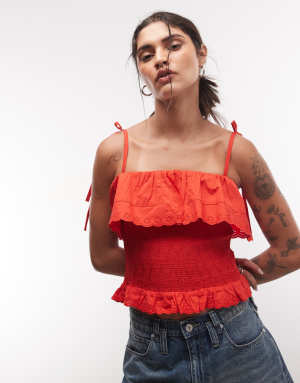 Reclaimed Vintage bandeau top with shirring and embroidery detail in red broderie