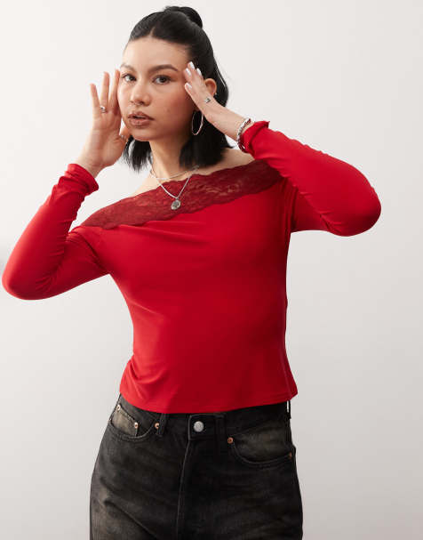 Reclaimed Vintage bardot lace trim top in cherry red - view 1
