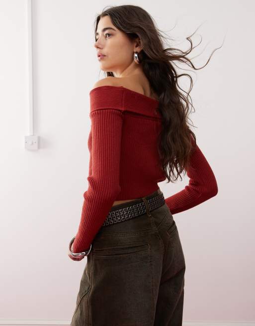 Burgundy off the shoulder sweater online