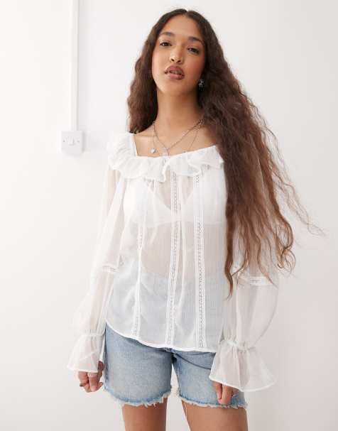 Reclaimed Vintage bardot ruffle top with lace insert in ivory - view 1