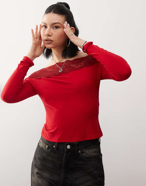 Reclaimed Vintage - Bardot-top met kanten rand in kersenrood