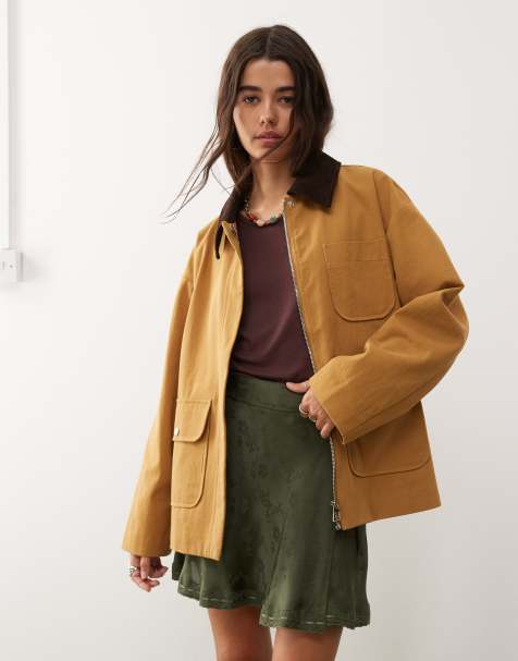 Reclaimed Vintage barn jacket with contrast cord collar in tan - view 1