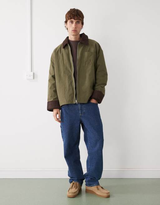 Reclaimed Vintage barn jacket with embroidery detail and contrast cord collar in khaki