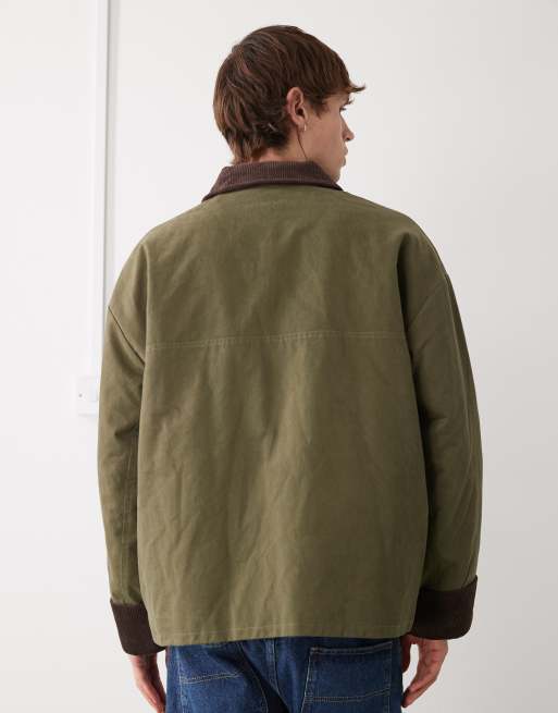 Reclaimed Vintage barn jacket with embroidery detail and contrast cord collar in khaki