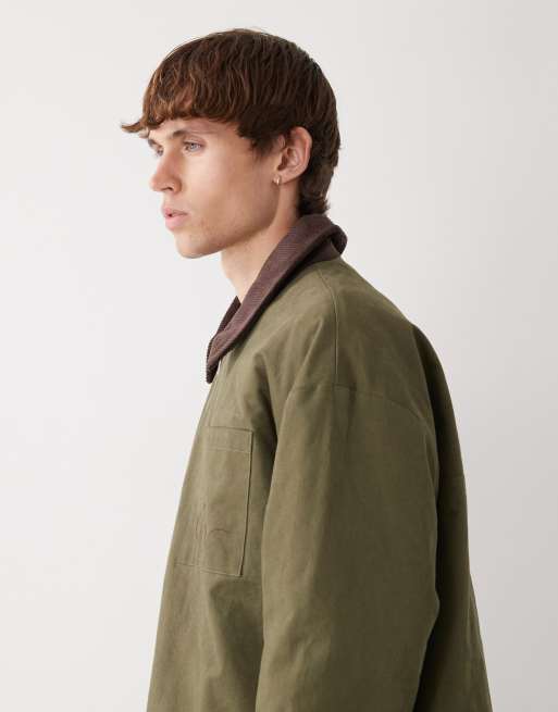 Reclaimed Vintage barn jacket with embroidery detail and contrast cord collar in khaki