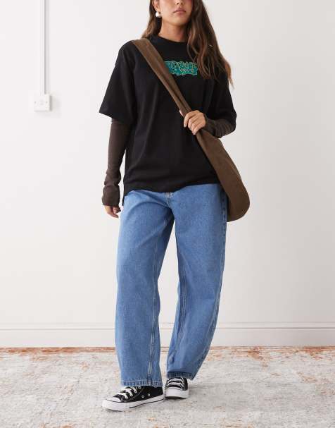 Reclaimed Vintage barrel leg denim jean with seam details in mid blue wash - view 1