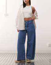 ASOS DESIGN wide leg jean with braided waist in midwash
