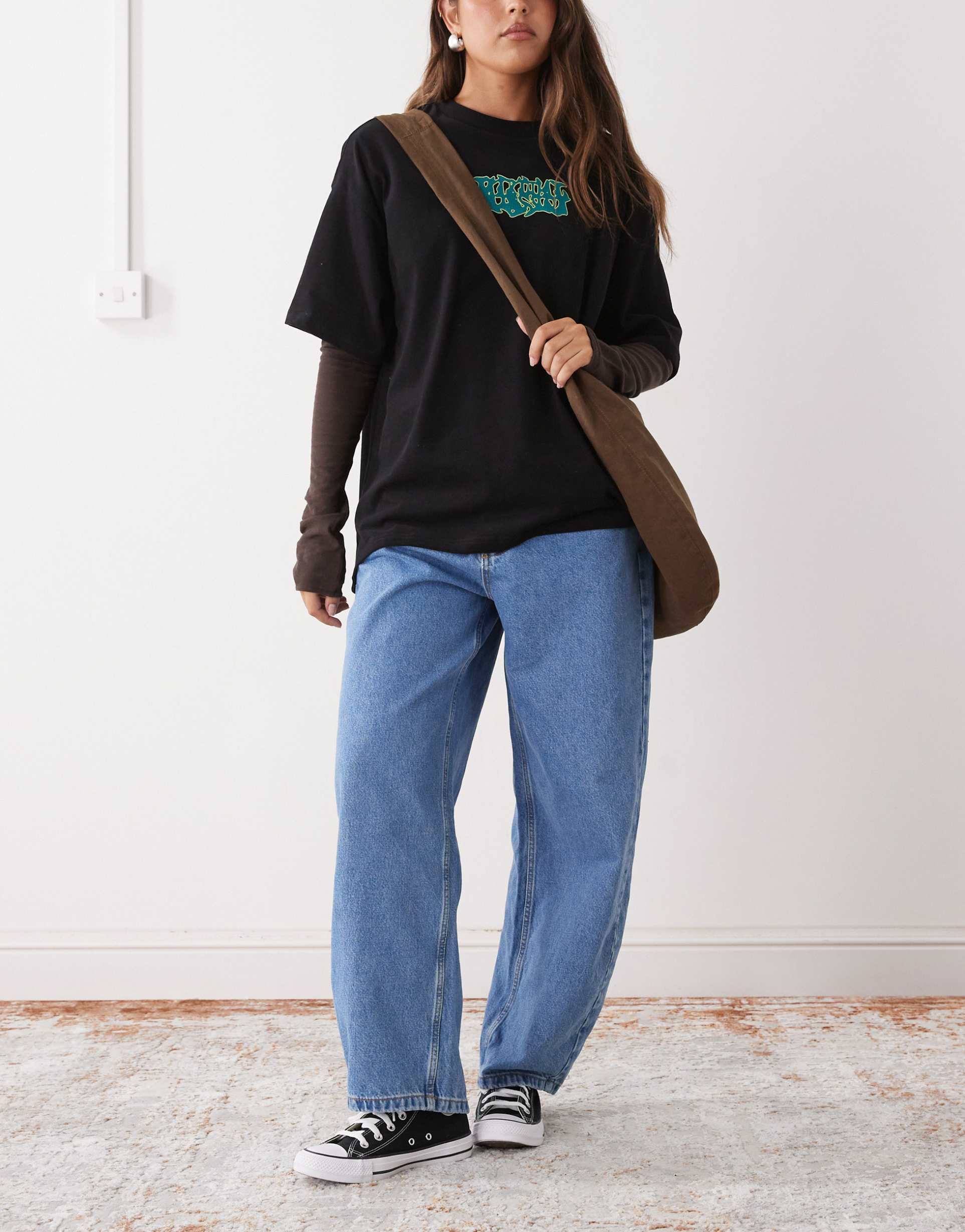 reclaimed vintage barrel leg denim jeans with seam details in mid blue wash