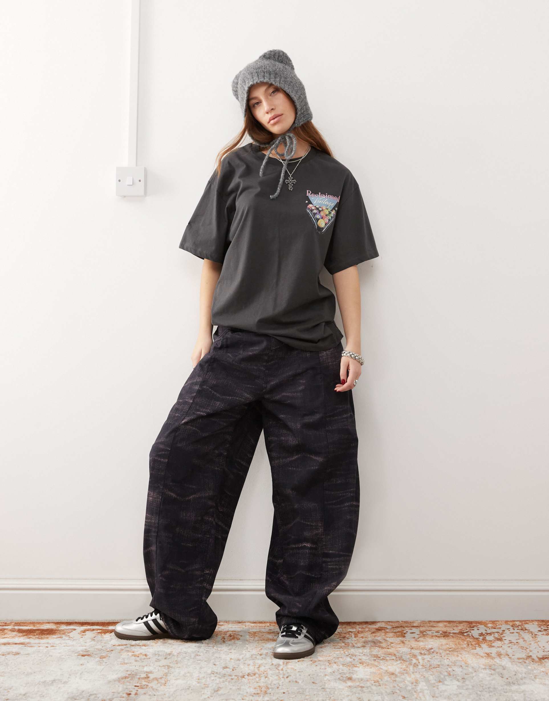 reclaimed vintage barrel leg pants in burgundy distressed denim print