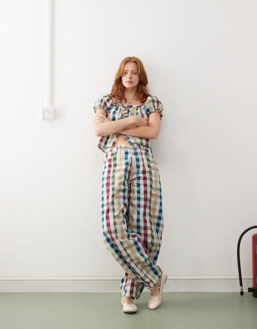 Reclaimed Vintage barrel leg pants in multi gingham
