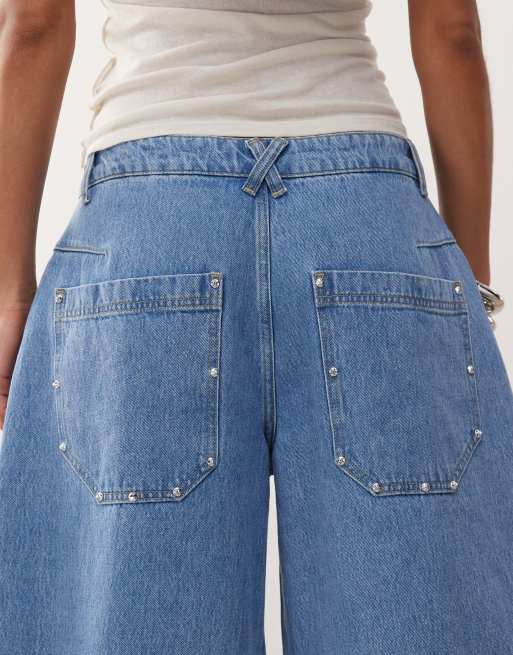 Reclaimed Vintage barrel leg studded jeans in mid wash blue, 5 of 5