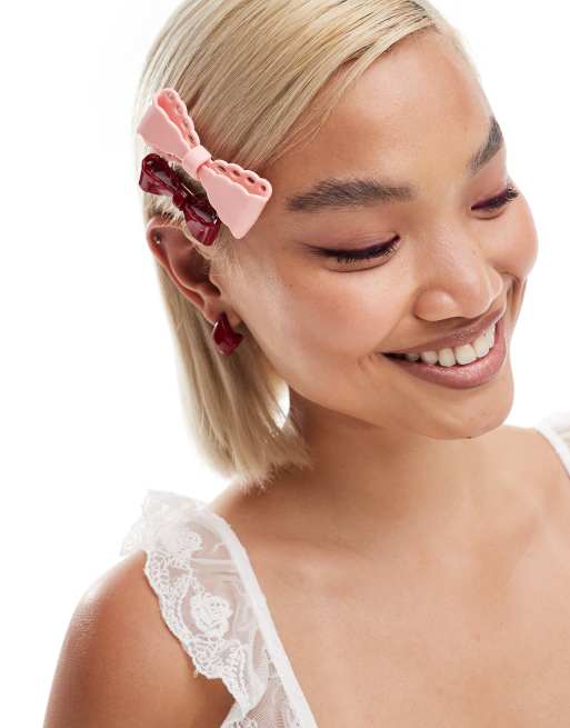 Reclaimed Vintage - Barrettes à cheveux avec motif nœud - Rose et rouge