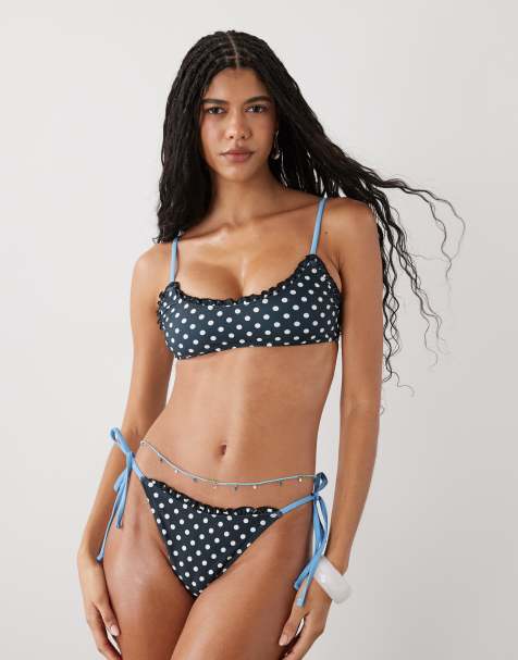 Reclaimed Vintage - Bas de bikini noué sur les côtés à pois et volants - Marron et crème - view 1