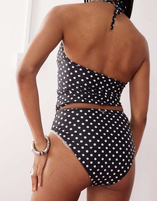 Reclaimed Vintage - Bas de bikini taille haute à pois et bordure volantée - Noir, 3 de 4