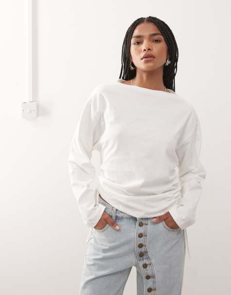 Reclaimed Vintage batwing sleeves cinched waist t-shirt with ruching details in white - view 1