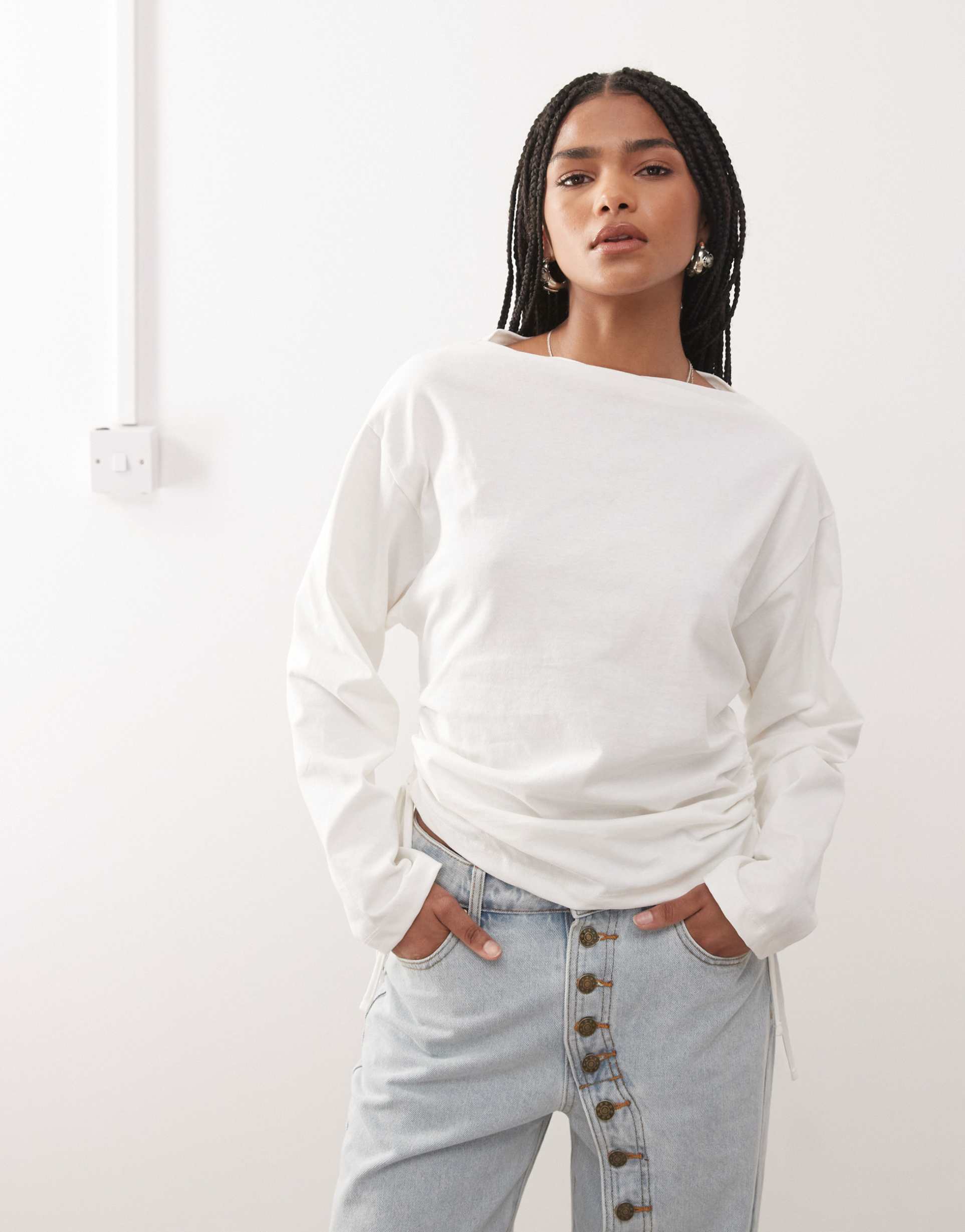 reclaimed vintage batwing sleeves cinched waist t-shirt with ruching details in white