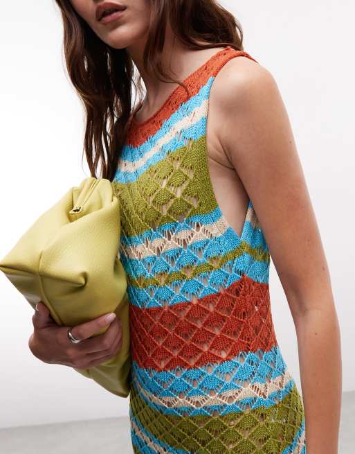 Reclaimed Vintage beach crochet knit maxi dress in multi stripe, 2 of 4