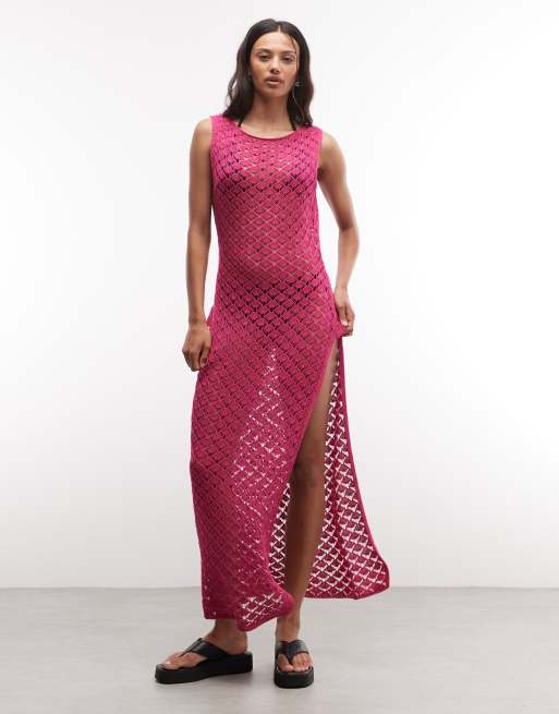 Reclaimed Vintage beach crochet knit maxi dress in raspberry, 2 of 4