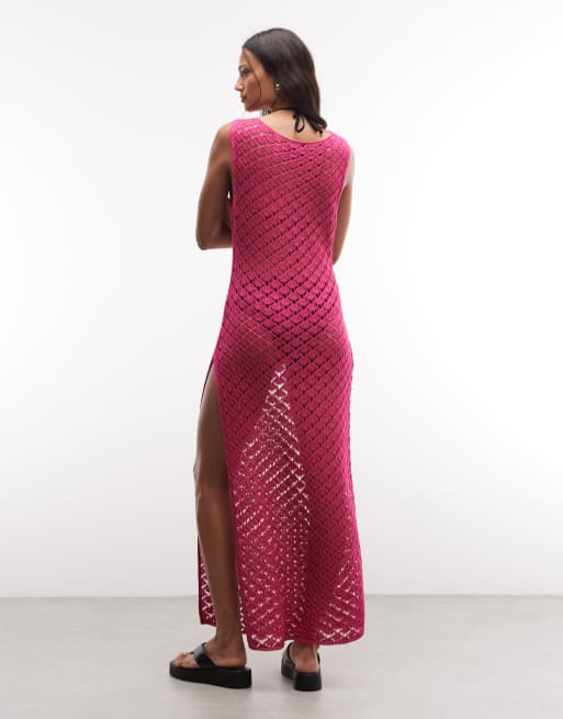 Reclaimed Vintage beach crochet knit maxi dress in raspberry, 4 of 4