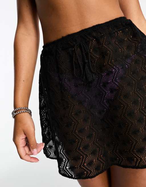 Reclaimed Vintage beach crochet mini skirt in black ASOS