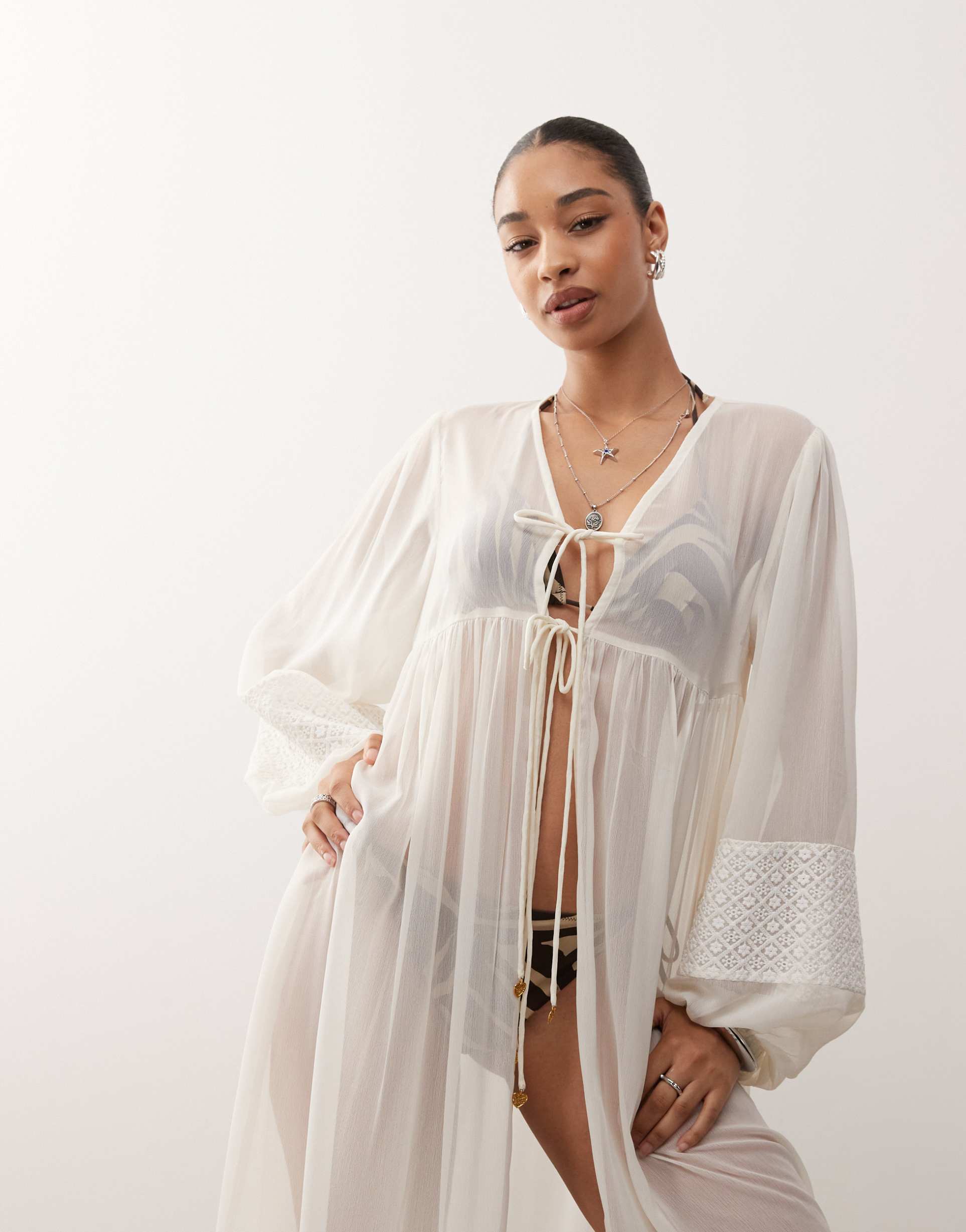 reclaimed vintage beach kimono cover up with lace and crochet panels in white
