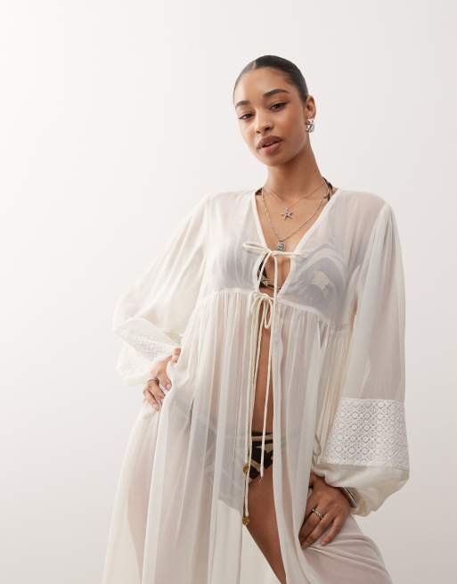 Reclaimed Vintage beach kimono with lace and crochet panels in white