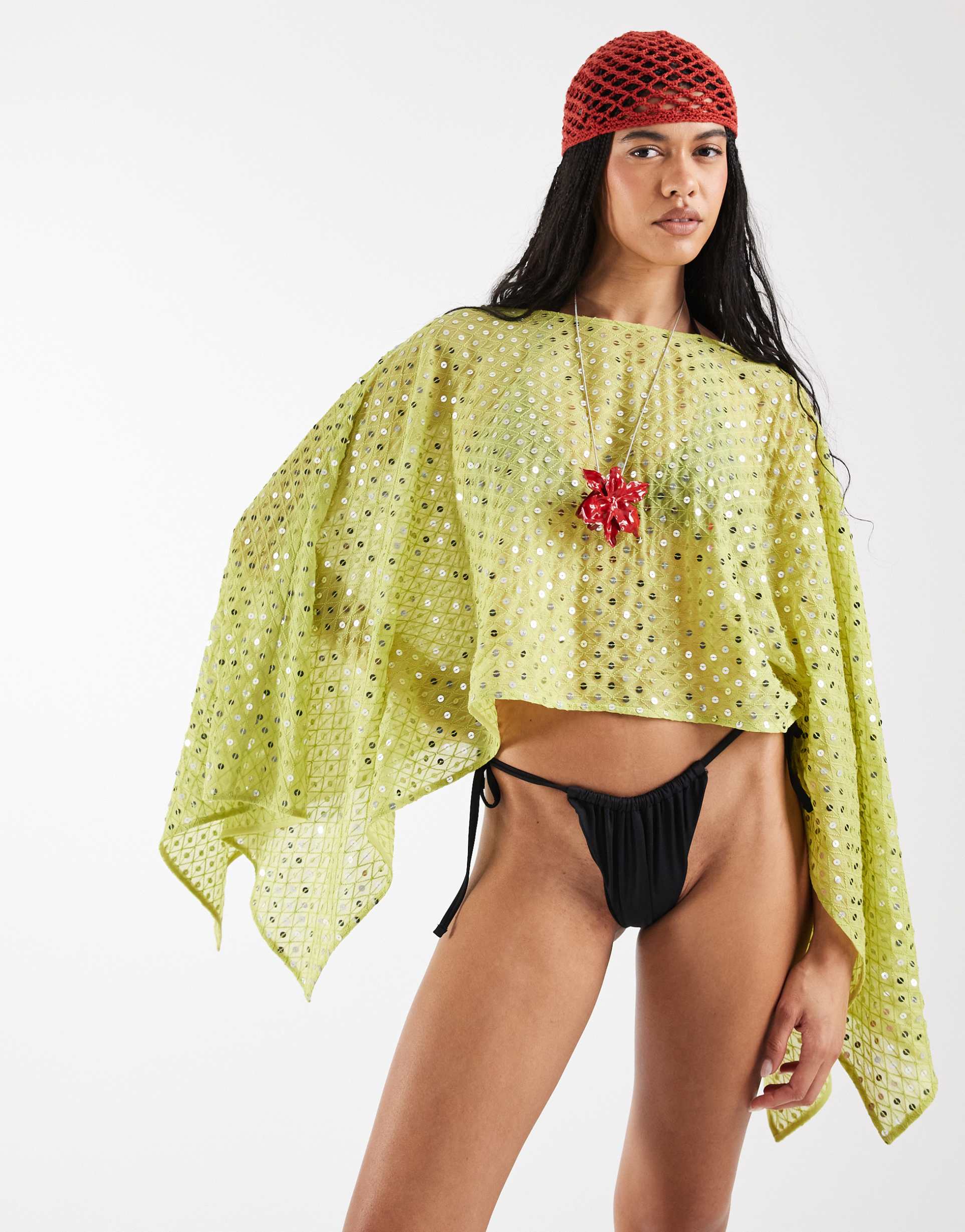 reclaimed vintage beach poncho in green sequins