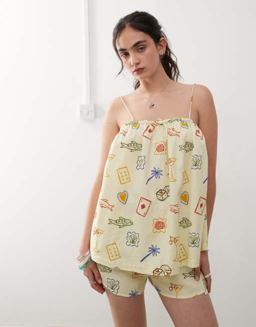 Reclaimed Vintage beach smock top in yellow postcard print