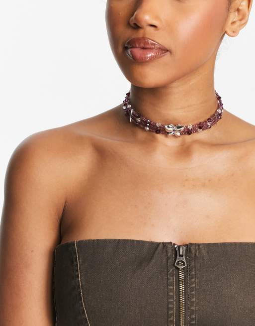 Reclaimed Vintage – Beady Y2K – Naszyjnik choker z ozdobnym motylem
