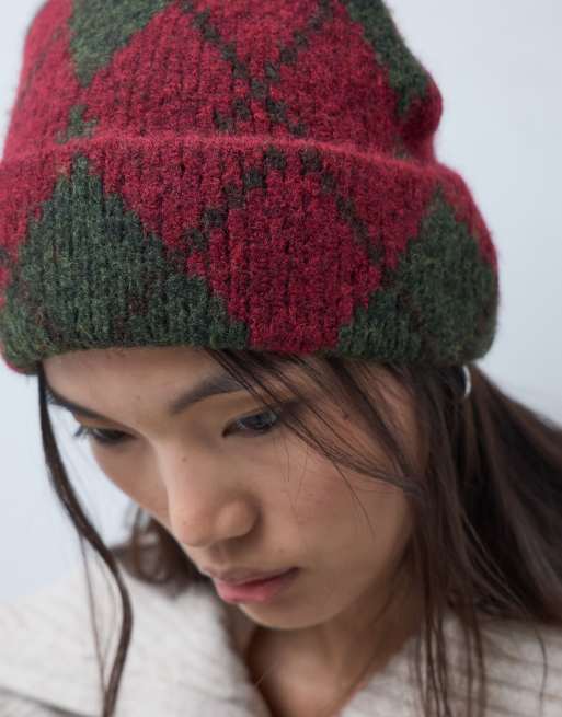 Reclaimed Vintage beanie in rood en groen argyle, 2 van 5