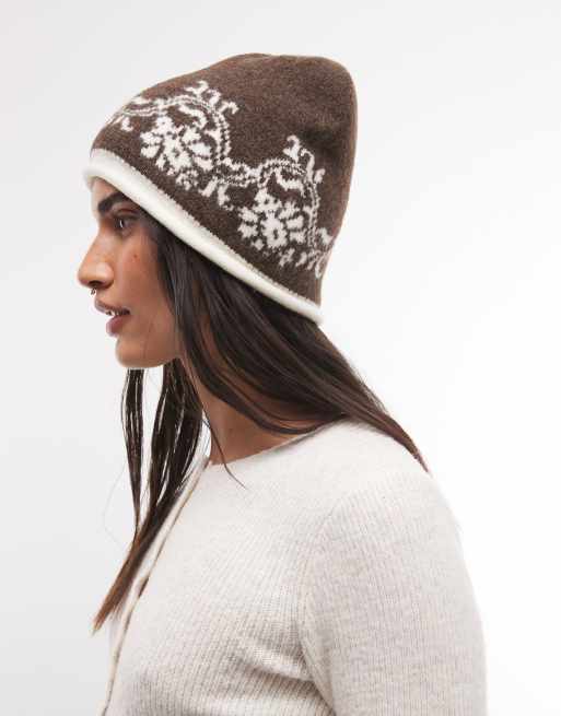 Reclaimed Vintage Beanie mit Blumenbordüre in Braun und Cremeweiß, 1 von 3