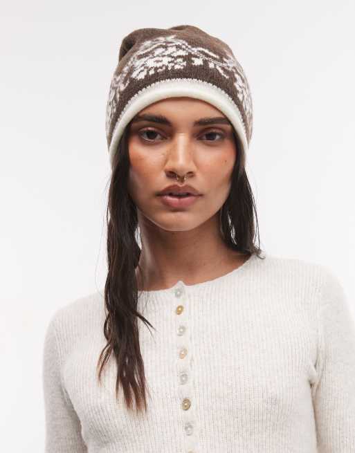 Reclaimed Vintage Beanie mit Blumenbordüre in Braun und Cremeweiß, 3 von 3