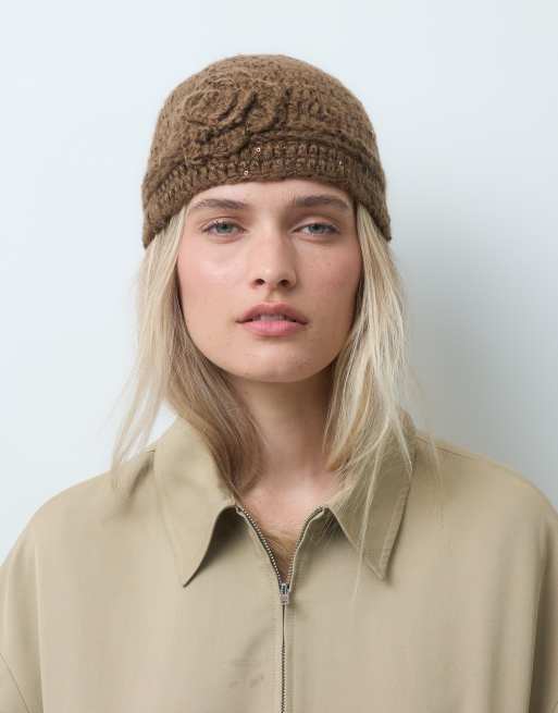 Reclaimed Vintage beanie with 3d flower in brown, 1 of 3