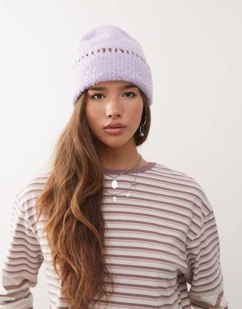 Reclaimed Vintage beanie with chocolate brown blanket stitch in lilac purple - view 1