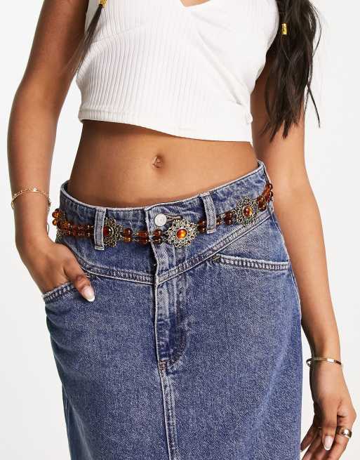 Reclaimed Vintage beautiful beaded belly chain belt with amber stones in gold