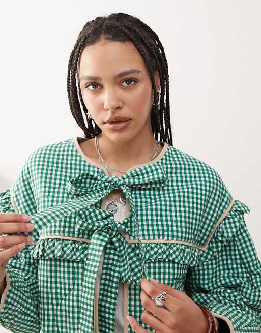 Reclaimed Vintage bed jacket with ties in green gingham Reclaimed Vintage bed jacket with ties in green gingham