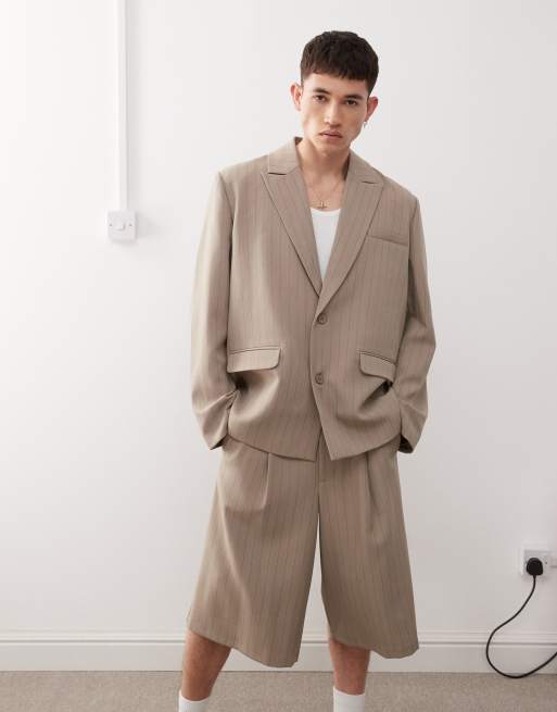 Reclaimed Vintage - Beige oversized sommerblazer med nålestriber