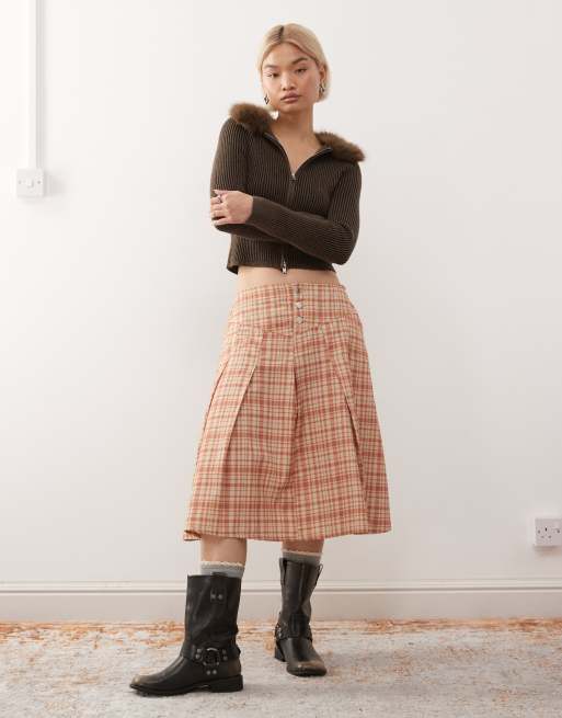 Reclaimed Vintage – Beige, rutig midikjol i plisserad twill