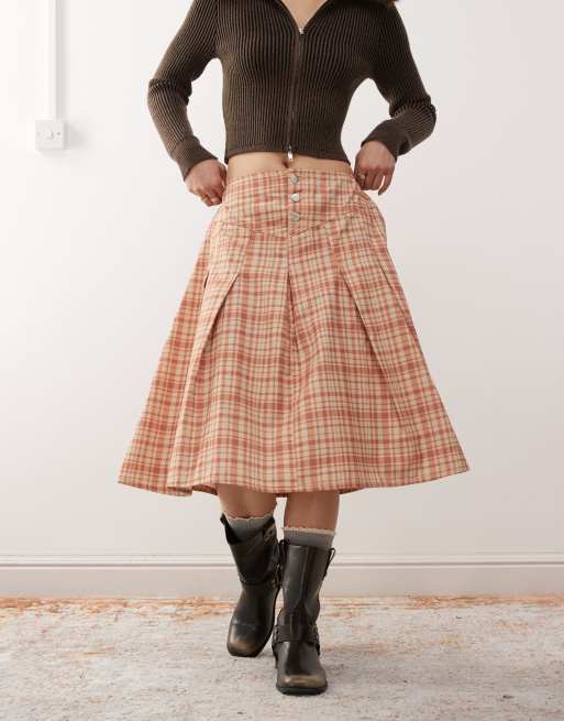 Reclaimed Vintage – Beige, rutig midikjol i plisserad twill, 2 av 5
