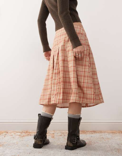 Reclaimed Vintage – Beige, rutig midikjol i plisserad twill, 3 av 5