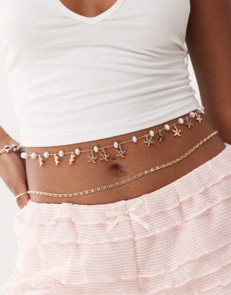 Reclaimed Vintage belly chain 2 pack with starfish charms and pearls in gold  - view 1
