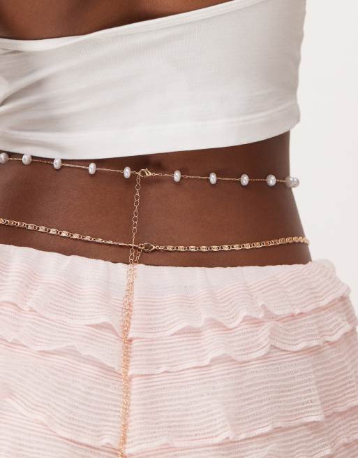 Reclaimed Vintage belly chain 2 pack with starfish charms and pearls in gold , 2 of 3